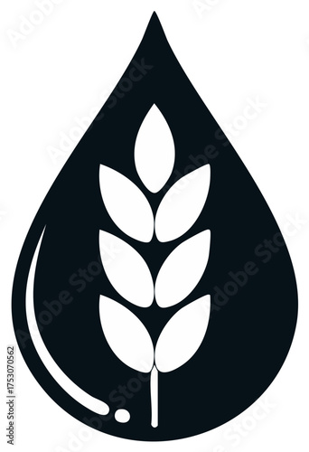 Minimalist vector icon of a wheat stalk inside a black liquid drop for agriculture or food industry logo
