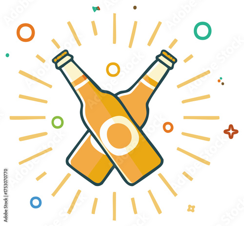 Festive toast with crossed beer bottles illustration and radial party elements