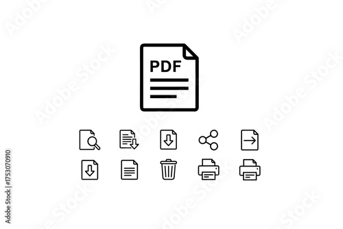 PDF File Icons Set with Document Search, Download, Print, Share, Delete Symbols for Digital Document Management and Workflow