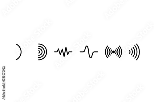 Abstract sound wave icons set, audio signal and vibration symbols, waveforms and frequency graphic elements, communication and technology icons in minimal outline style