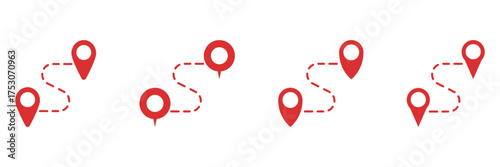 Route and Navigation Path with Map Pins Solid Icon Set. Travel Destination Waypoint Connection with Location Marker Silhouette Symbol Collection. Isolated Vector Illustration