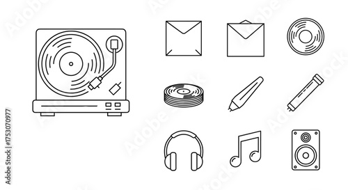 Vintage vinyl record player turntable with headphones and music notes, audio speaker, compact discs stack, stylus and record needle icons, digital music and sound equipment concept