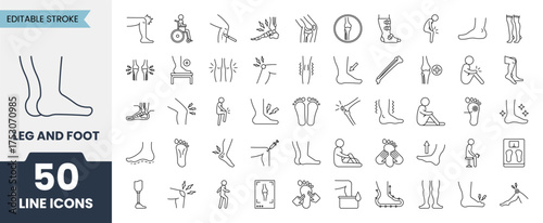 Leg and foot line icons set with editable stroke. Containing orthopedic, medical, injury, pain, joint, health and more. Vector illustration