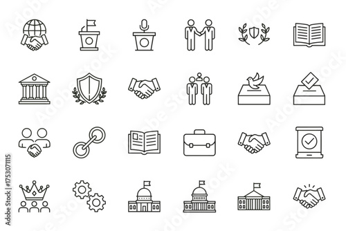 Politics and diplomacy line icon set. Government, law and justice symbols. International relations, election, voting, agreement, and partnership vector pictograms.