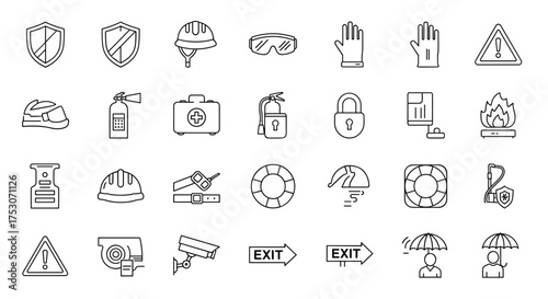 Safety and security icon set. Workplace safety, emergency, fire protection, and warning signs. Vector line icons for construction and personal protective equipment (PPE).
