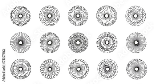 Set of fifteen abstract geometric spirograph circles. Collection of circular line art patterns. Vector decorative elements, hypnotic spiral shapes, mandala forms, technical wheels.
