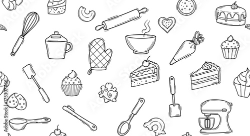 Seamless pattern baking elements. Hand drawn kitchen background. Doodle dessert food icons: cake, cupcake, pastry, mixer, whisk, rolling pin. Black and white vector art.