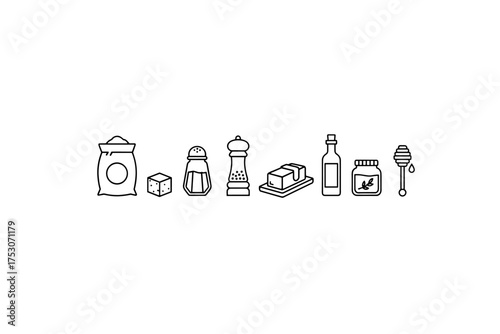 Food ingredients and baking staples icon set. Line art collection of flour, sugar cube, salt, pepper, butter, oil, honey, and jam. Minimalist vector pictogram for cooking.