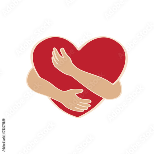 Illustration of two hands embracing a red heart symbolizing love and affection in a simple graphic representation