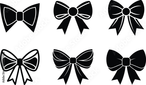 Set of Decorative Black Ribbon Bows Vector Silhouettes