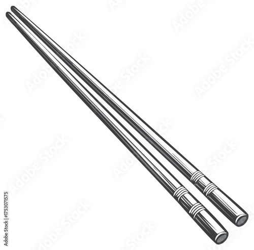 Detailed Illustration of Two Silver Chopsticks for Asian Cuisine
