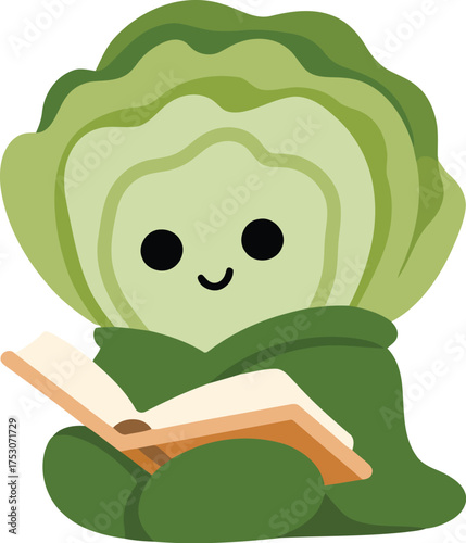 A happy green cabbage character reading a book vector