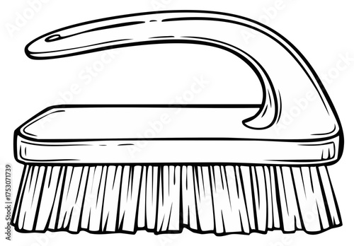 Black and white line art illustration of a household scrub brush with handle