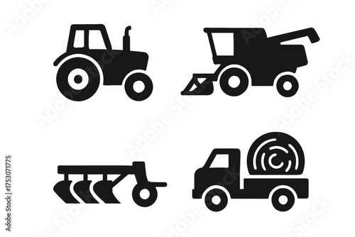 Set of farming equipment icons: tractor, harvester, plow, truck silhouettes