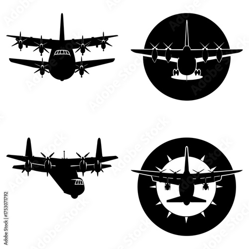 Four black and white illustrations of a four engine turboprop aircraft in various angles and compositions