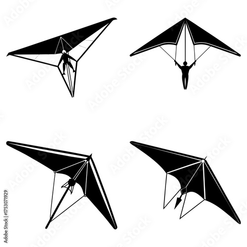 Illustration showing four hang gliders in various positions against a white background in black and white style