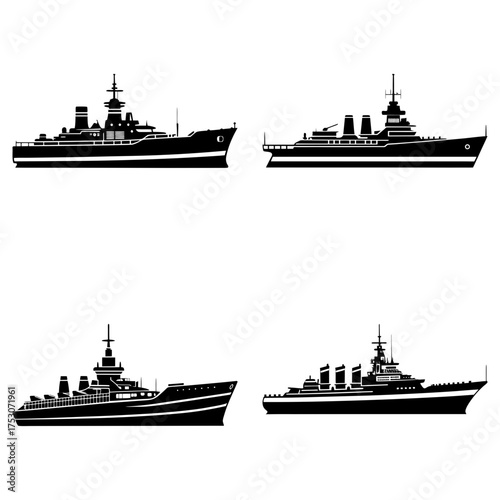 Four black and white silhouette illustrations of warships with detailed superstructures and hulls design
