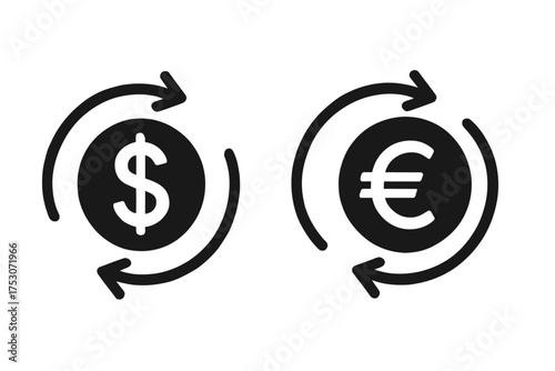 Currency exchange symbols: dollar and euro with circular arrows