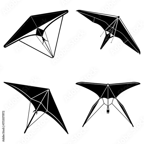 Four hang gliders in different orientations displayed in a black and white vector illustration style design