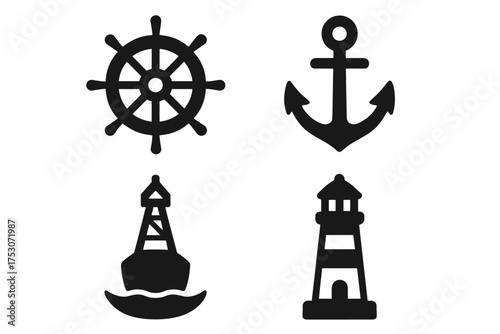 Minimalist nautical icons: ship wheel, anchor, buoy, lighthouse
