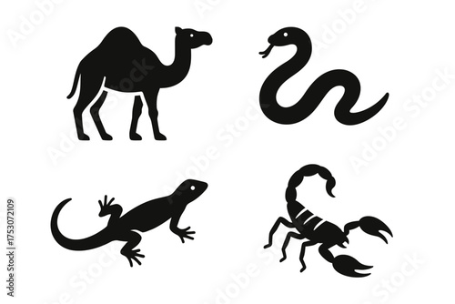 Silhouette collection of camel, snake, lizard, and scorpion icons