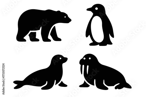 Silhouettes of arctic animals: bear, penguin, seal, walrus