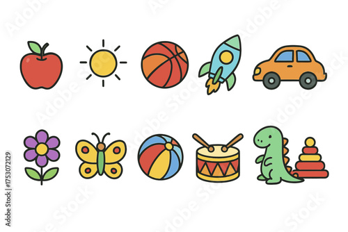 Colorful cartoon icons of objects and toys: rocket, dinosaur, ball, butterfly, flower