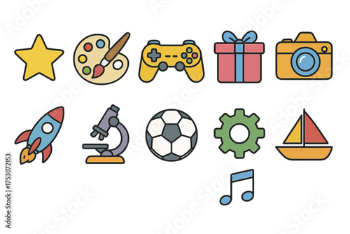 Colorful icons of star, paint palette, game controller, gift, camera, and more