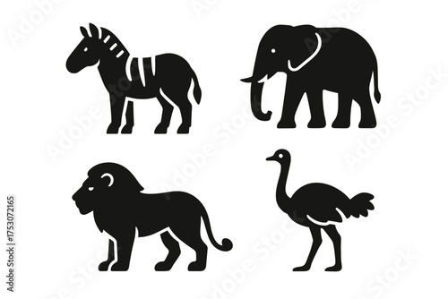 Silhouette icons of zebra elephant lion and ostrich in black