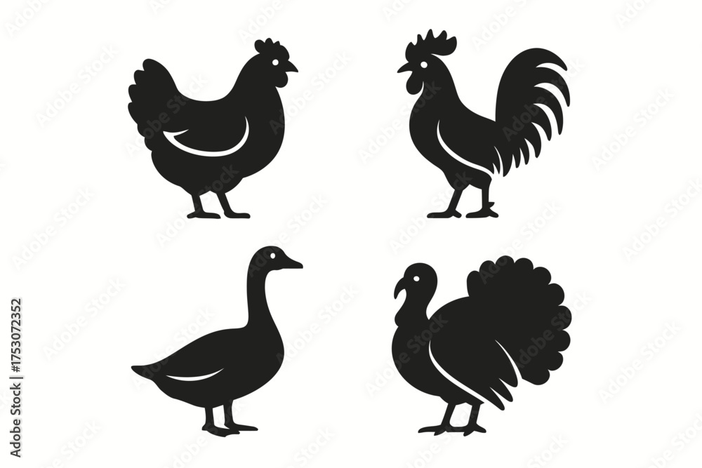 Fototapeta premium Silhouette icons of farm birds: chicken, rooster, duck, goose