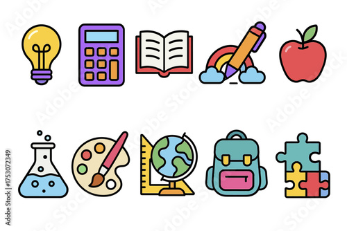 Colorful education icons: lightbulb, calculator, book, pen, apple, science, art, globe, backpack, puzzle
