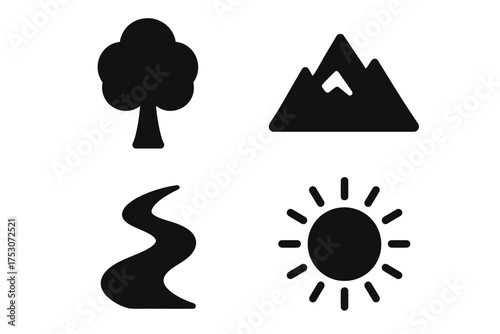 Nature icons: tree, mountain, river, sun - classic black silhouettes