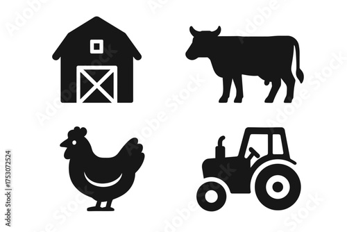 Farm icons: barn, cow, chicken, and tractor silhouettes on white background