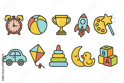 Playful cartoon icons featuring toys and fun items for kids