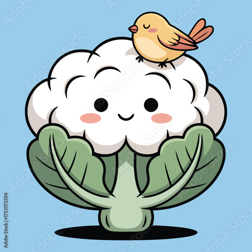 Cute cauliflower with bird on head cartoon vegetable