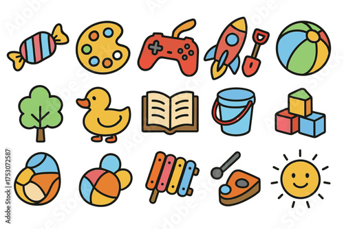 Colorful assortment of playful icons featuring toys and art supplies for kids