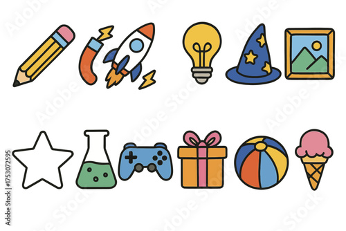 Colorful cartoon icons featuring rocket, lightbulb, wizard hat, and more