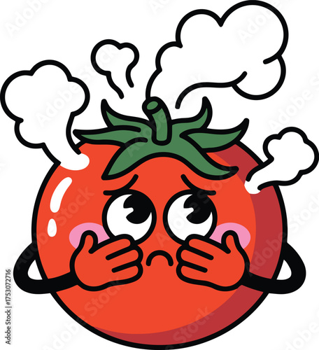 Embarrassed red tomato with steam coming out green white