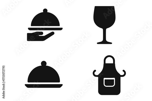 Hospitality icons: food cover, wine glass, serving dish, apron vectors