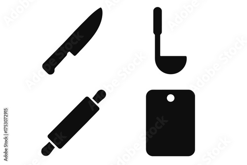 Kitchen tools silhouettes: knife, ladle, rolling pin, cutting board