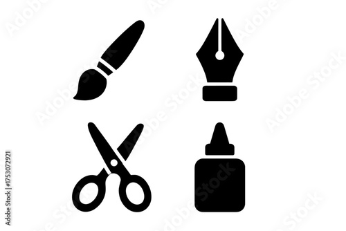 Creative art tools icons: paintbrush, scissors, pen nib, ink bottle silhouettes