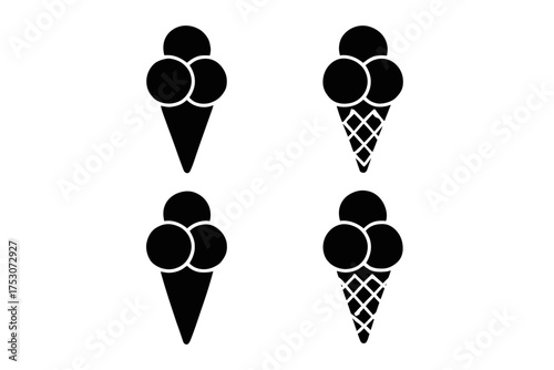 Set of four black ice cream cone silhouettes on white background