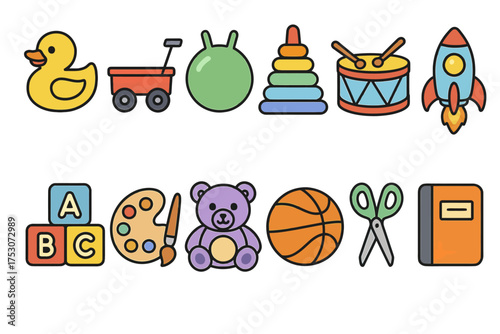 Colorful children's toys collection featuring duck, rocket, and teddy bear