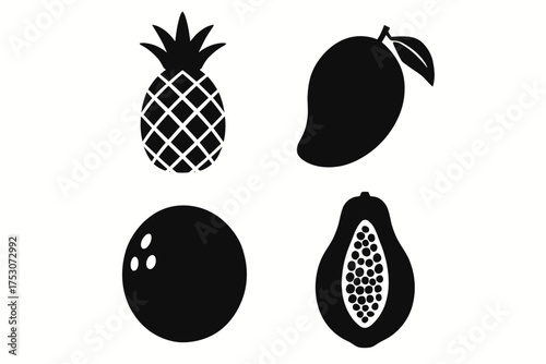 Tropical fruit icons: pineapple, mango, coconut, papaya silhouettes