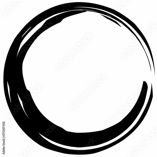 Black ink brush circle symbol or enso isolated on white background, hand-drawn Zen art representing balance, harmony, meditation, and mindfulness. Perfect for logo, design, or tattoo.