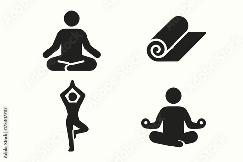 Yoga poses and mat icons: meditation and exercise symbols