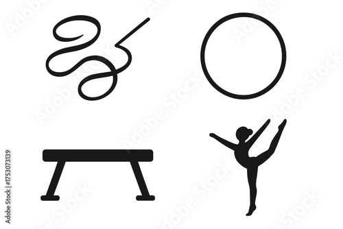 Artistic gymnastics icons: ribbon, hoop, balance beam, silhouette