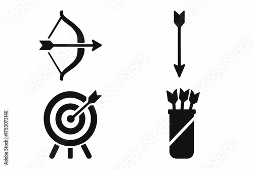 Archery symbols: bow, arrow, target, and quiver silhouettes set