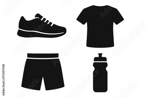 Silhouette of athletic gear: shoe, shirt, shorts, and water bottle icons