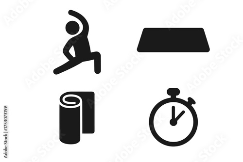 Yoga exercise icons: stretching pose, yoga mat, rolled towel, stopwatch